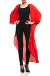 Model wearing long crimson red kimono front facing